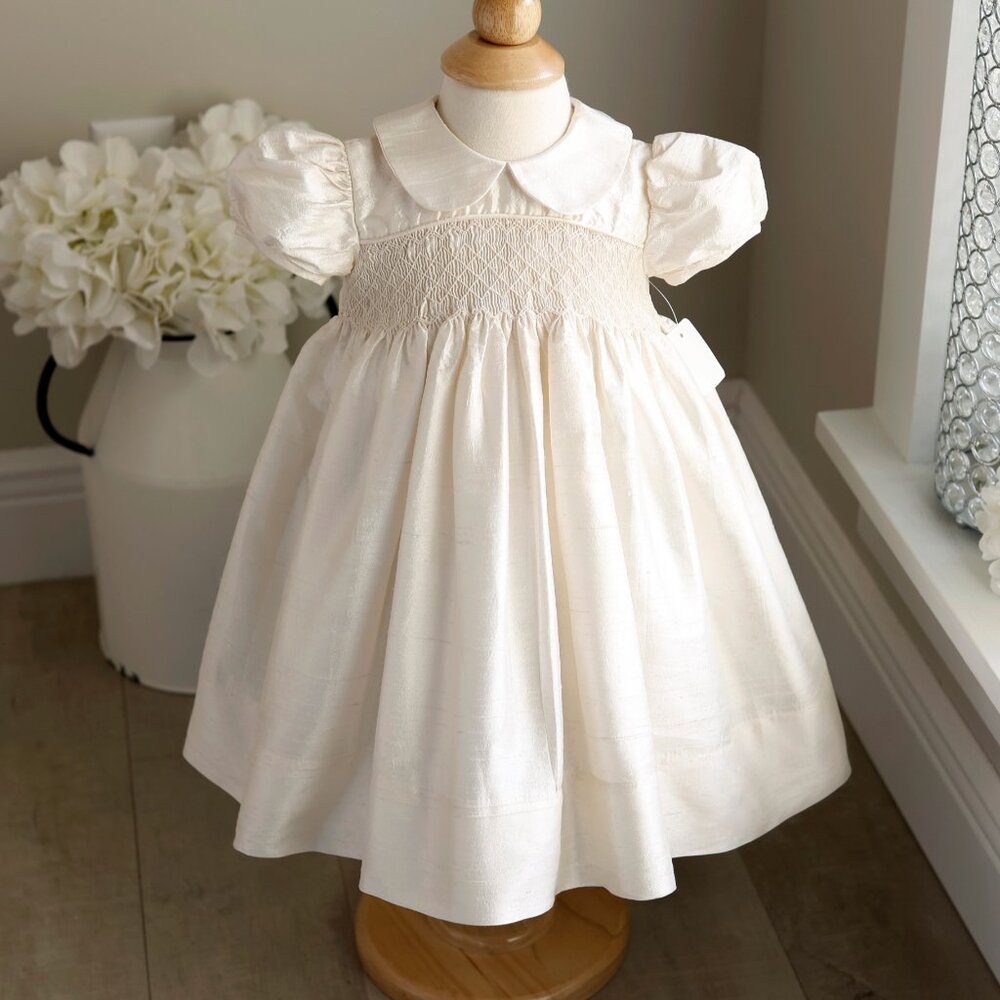 Boy's Ivory Dupioni Silk Special Occasion Romper Bonnet Set Vintage Heirloom NWT - Picture 6 of 7